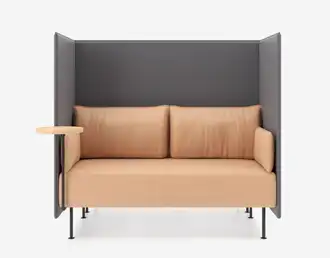 Acoustic high-back sofa featuring integrated work table and charging points