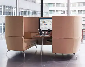 High-back acoustic sofa booth for teams including built-in table and monitor