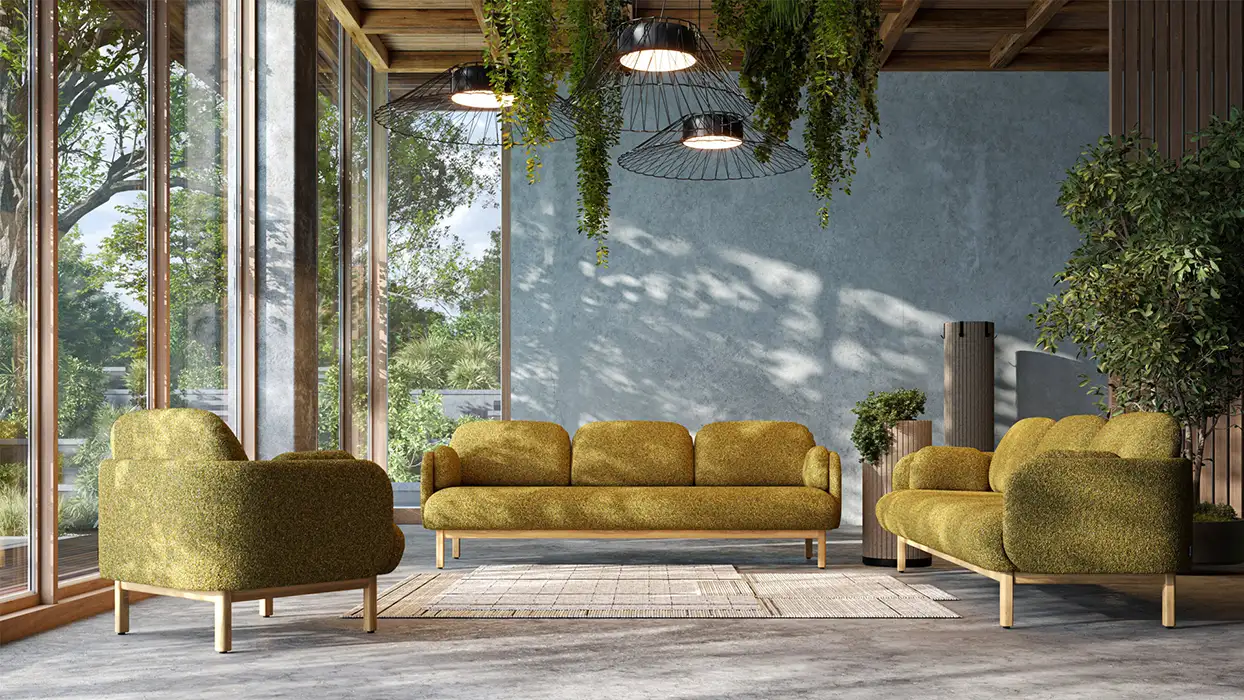 Myami sofas in green upholstery with wood legs 