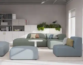 Modular sofas and poufs with chaise seating