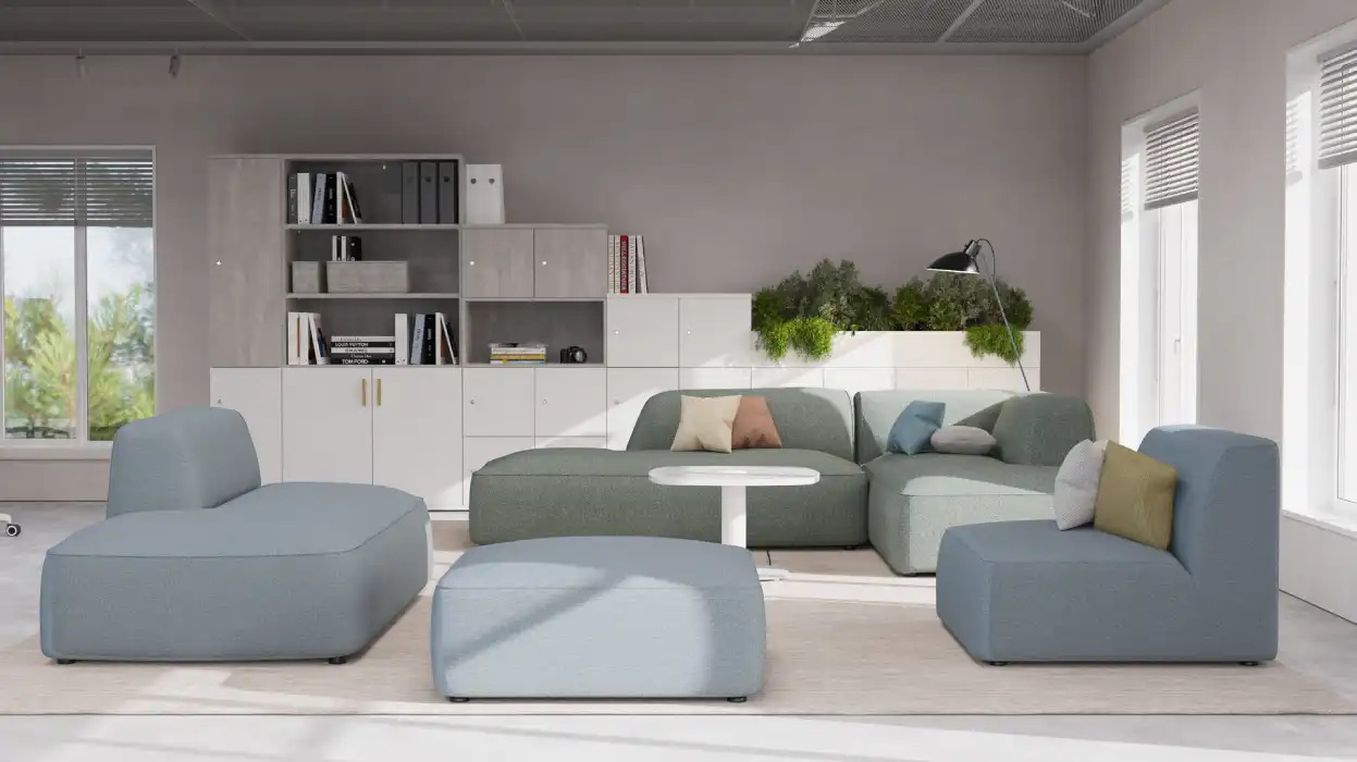 Tide modular sofa arrangement in a breakout area