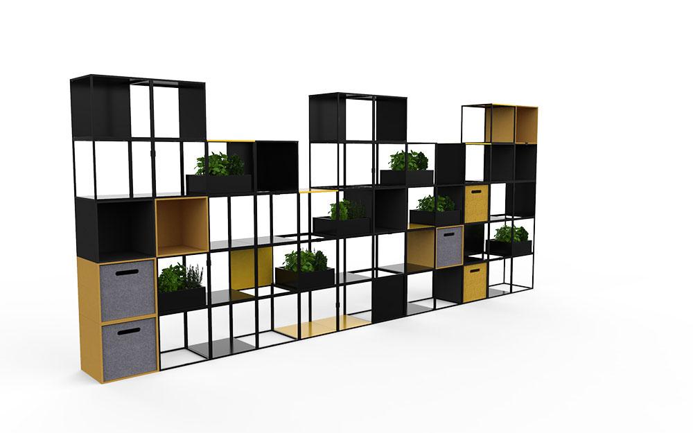 Long wire shelf unit with plants