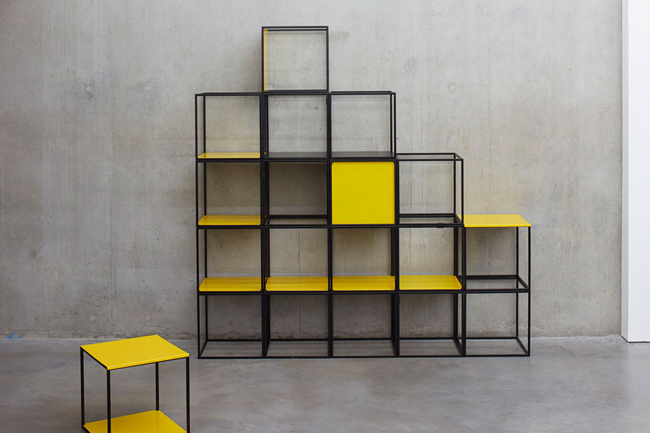 Cage storage shelf with yellow
