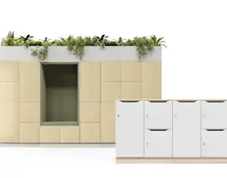 Office storage with biophilia planter boxes